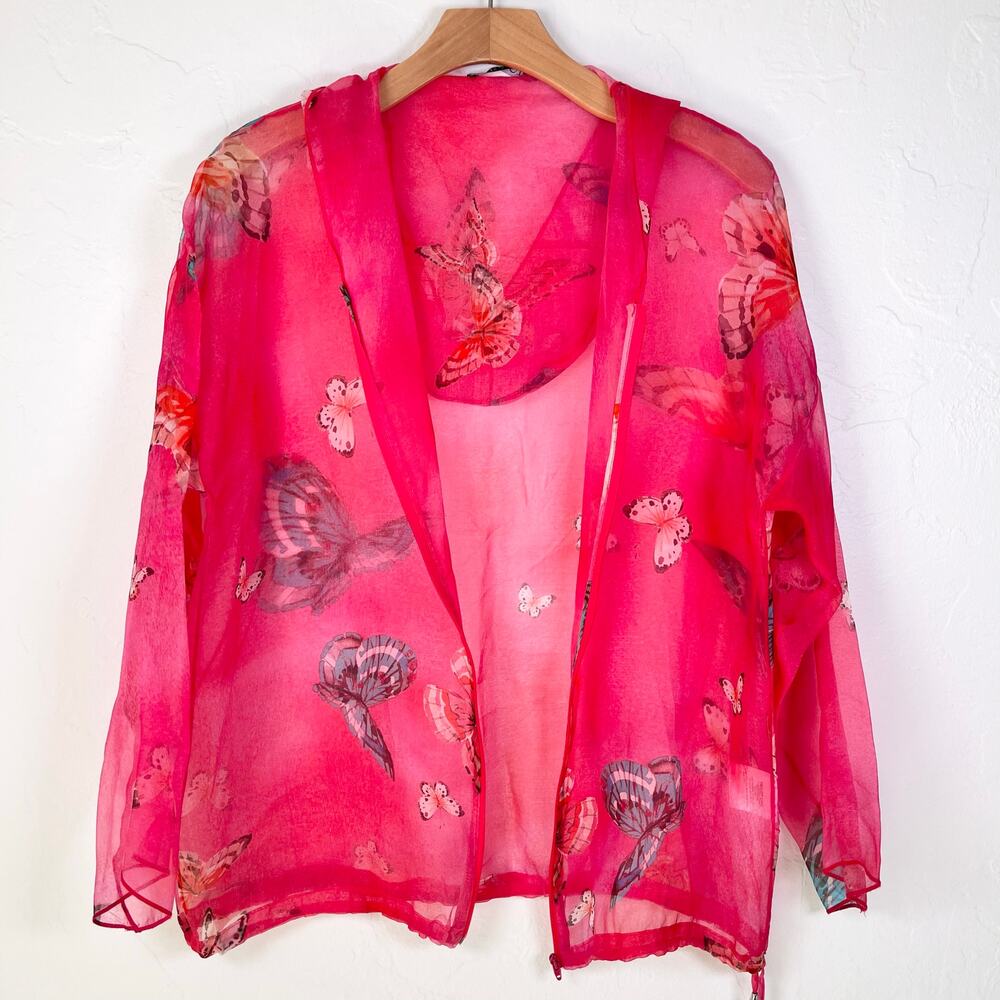 TRICOT Chic Silk Sheer Butterfly Jacket Bright Pink Sz L 42 Italy Pop Art Whimsy